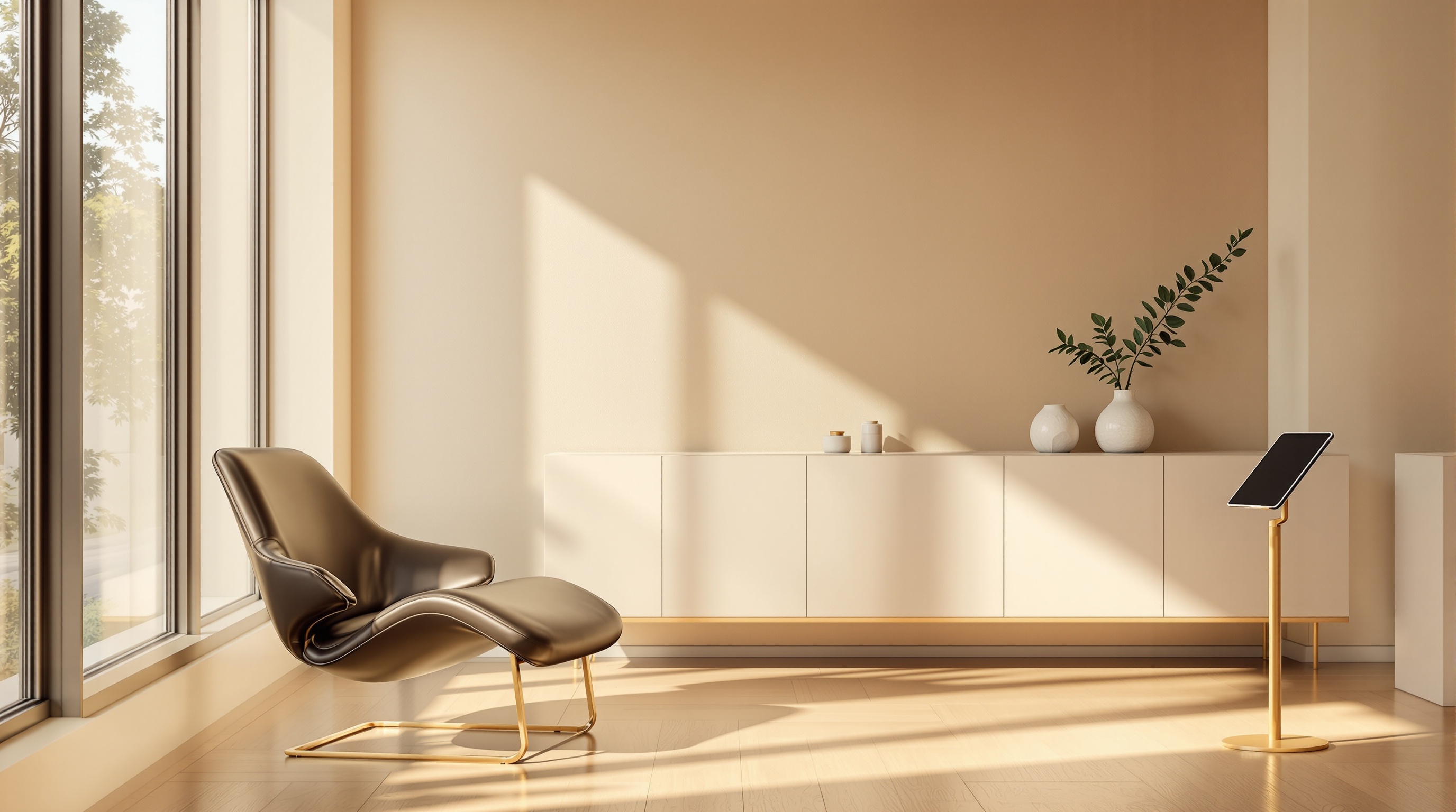 A treatment chair beside a tall window in a warm cream skincare room, soft afternoon light