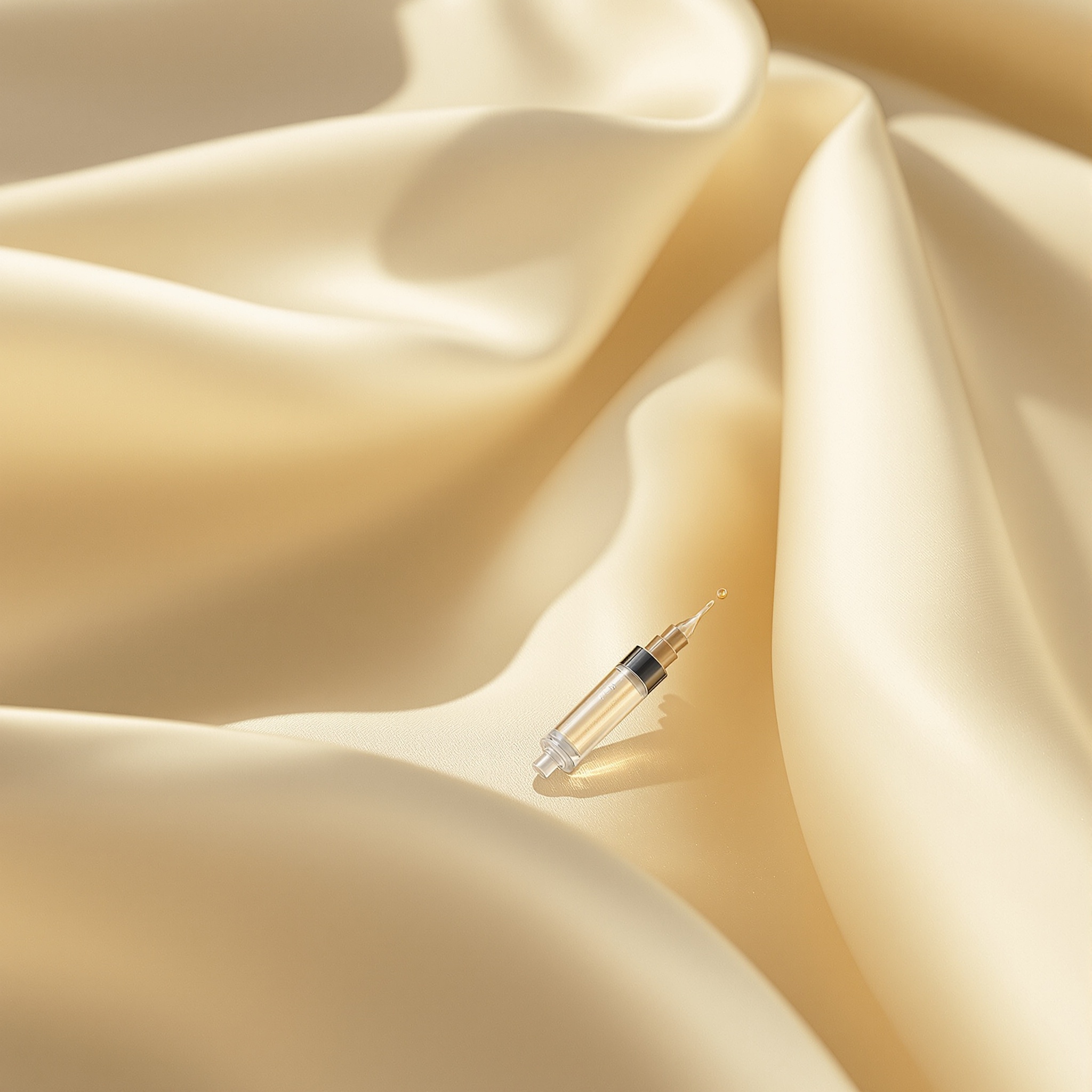 A fine cosmetic syringe resting on cream silk