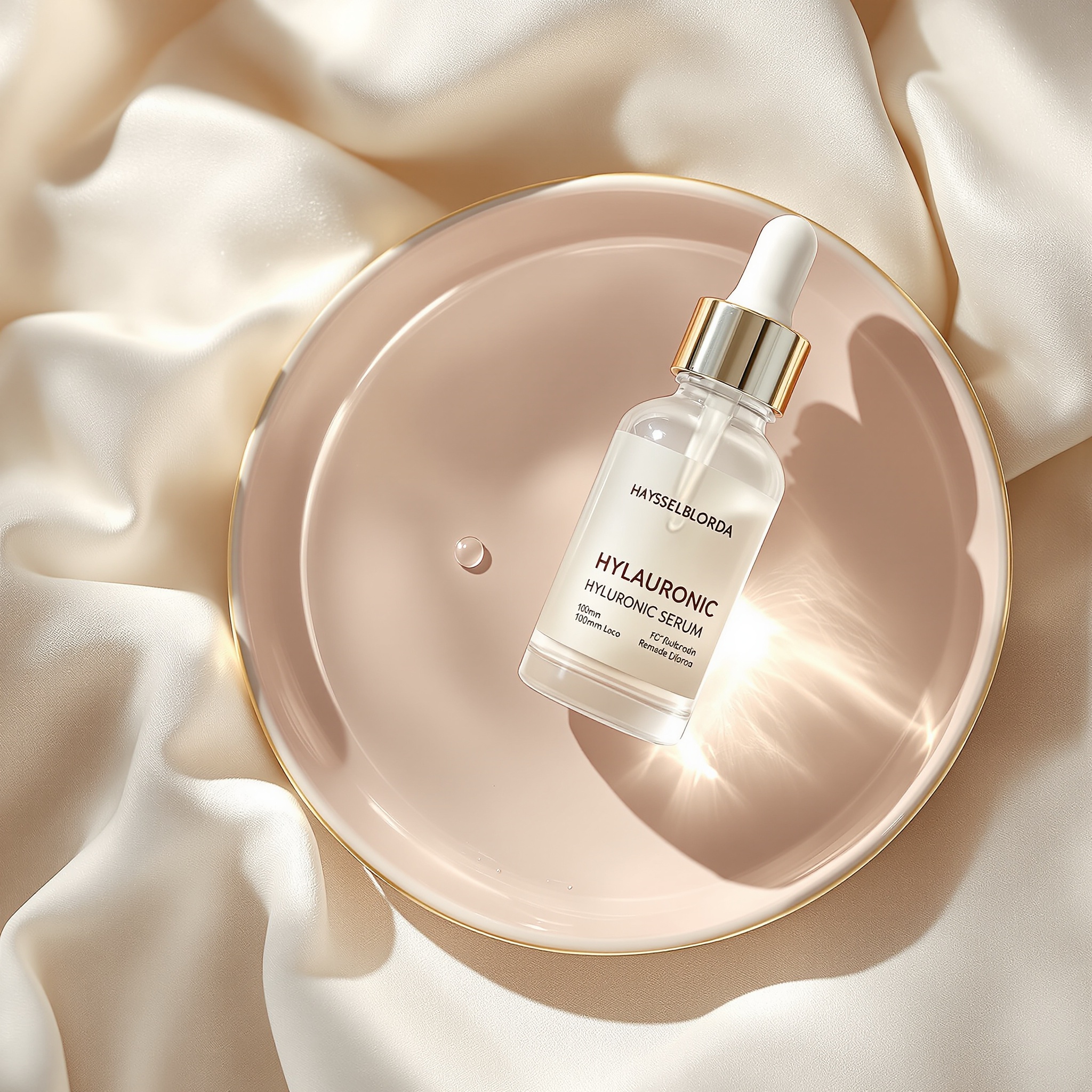A glass dropper bottle of hyaluronic serum on a pale rose dish