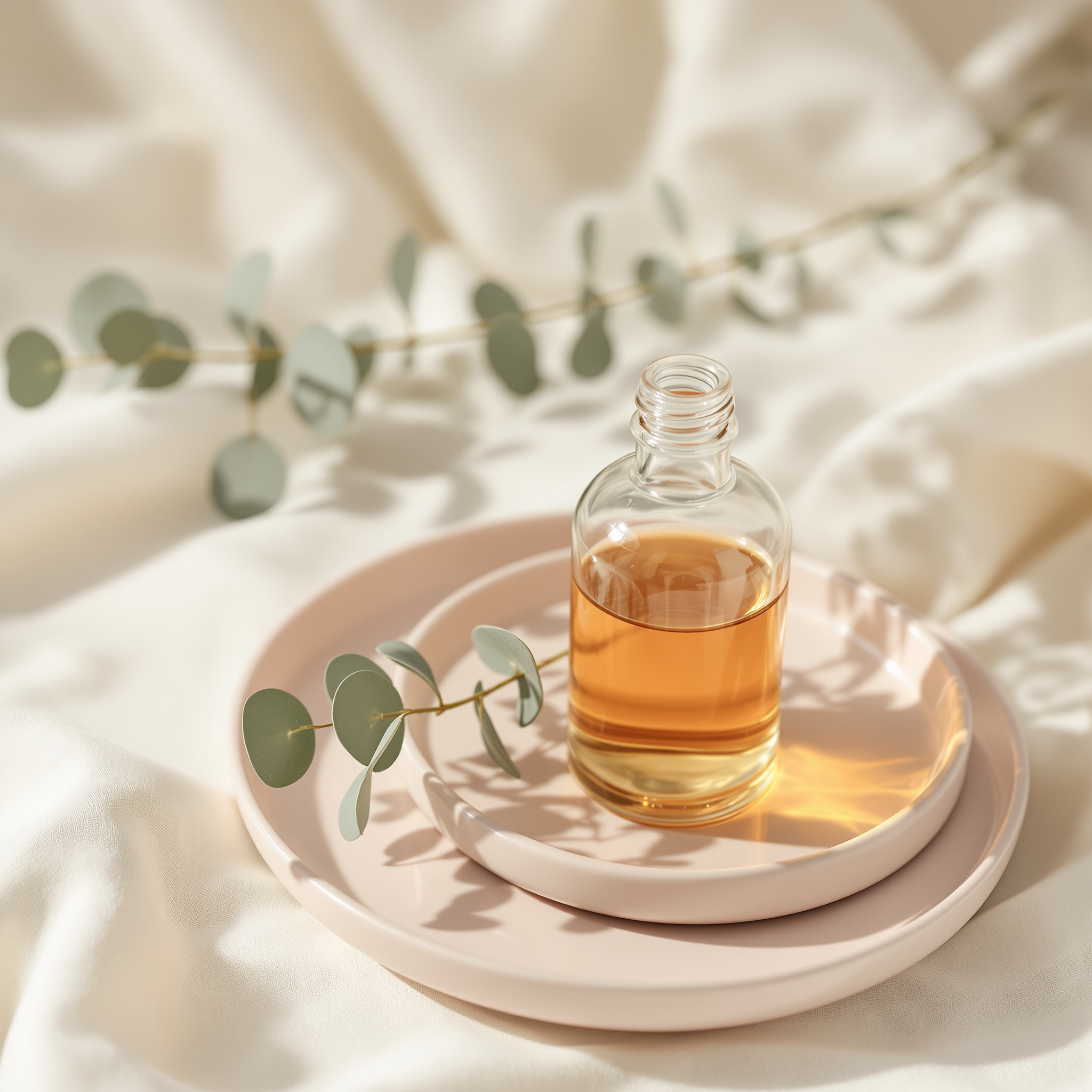 A glass apothecary bottle with amber peel solution beside eucalyptus