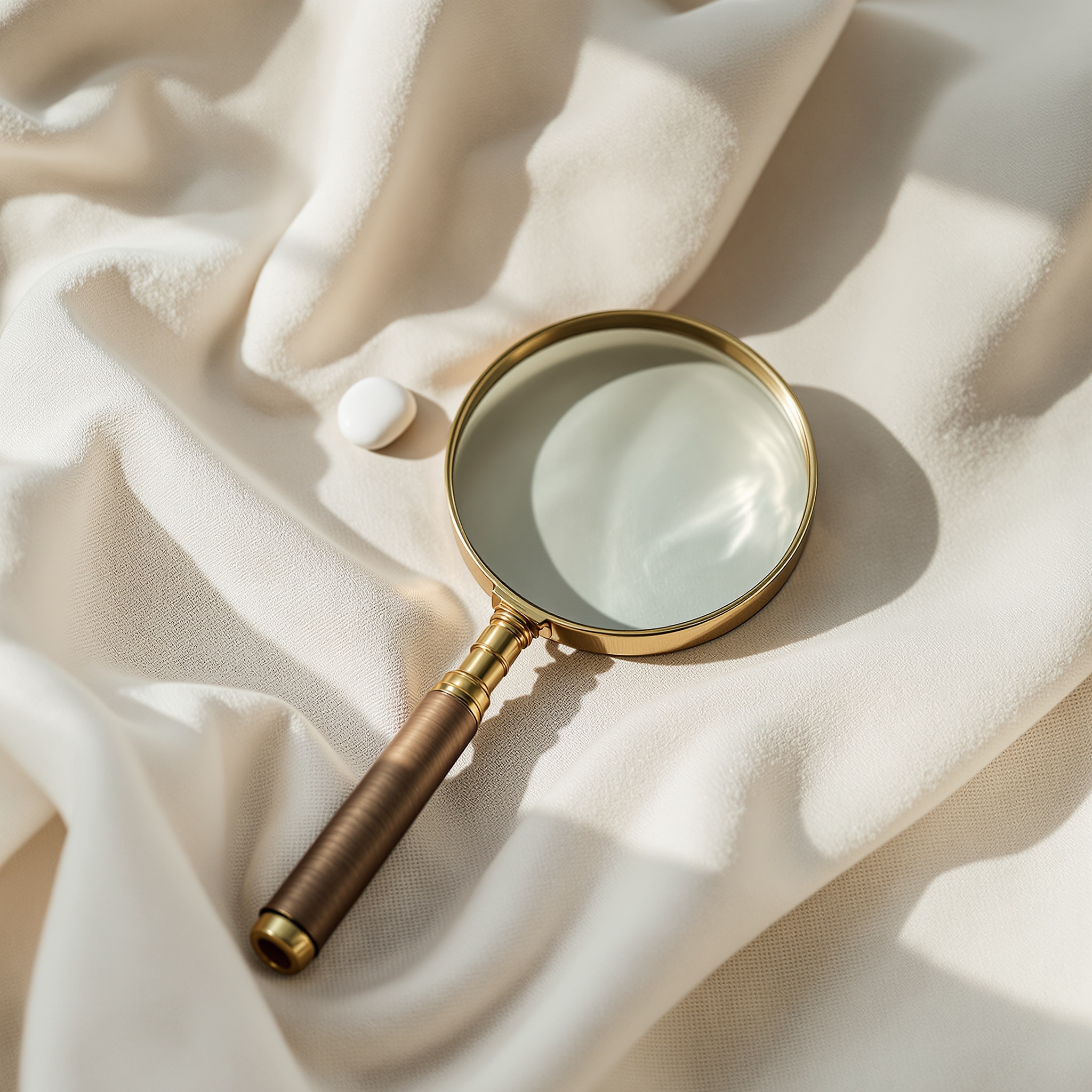 A vintage brass magnifying glass on cream linen