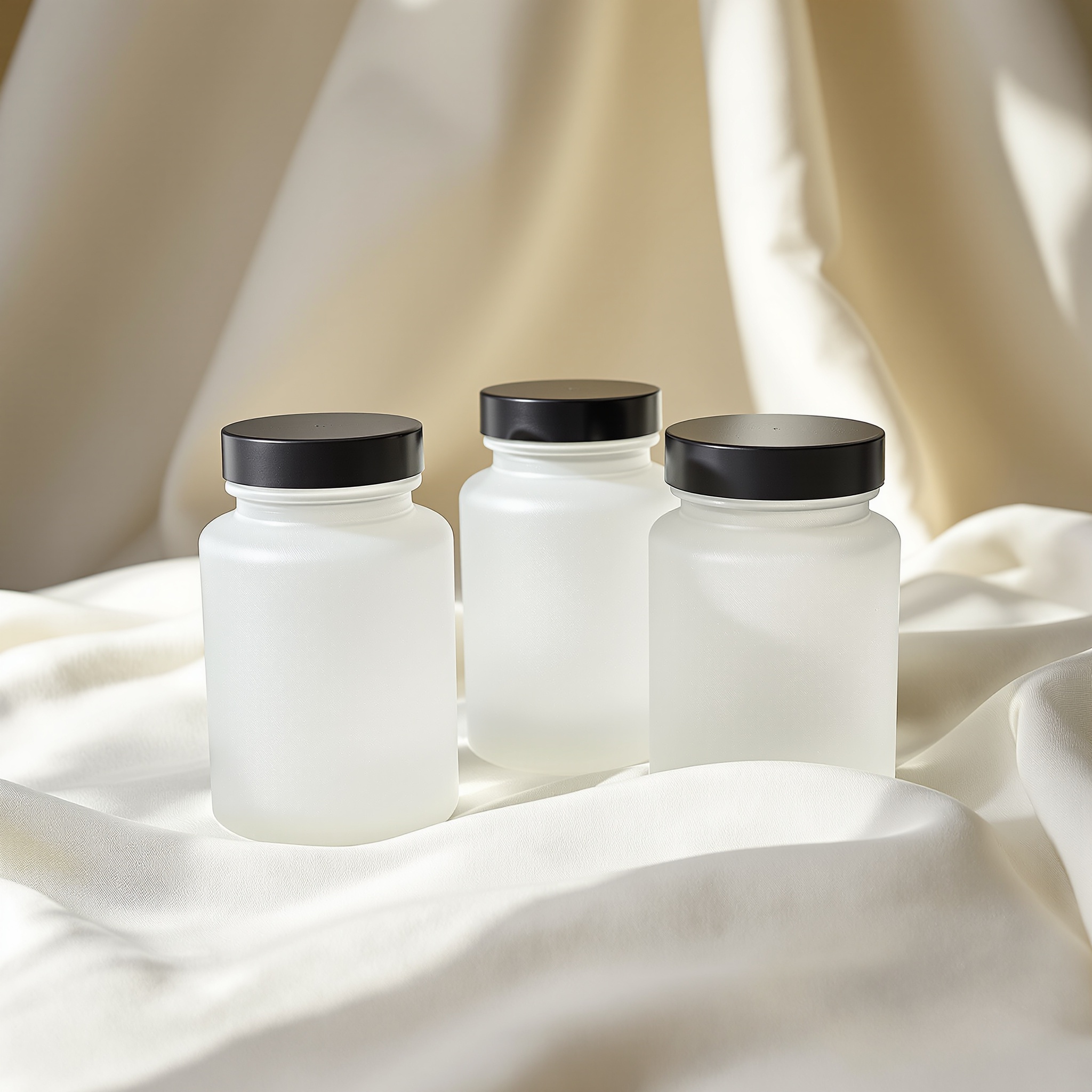 Three frosted apothecary jars with matte black caps