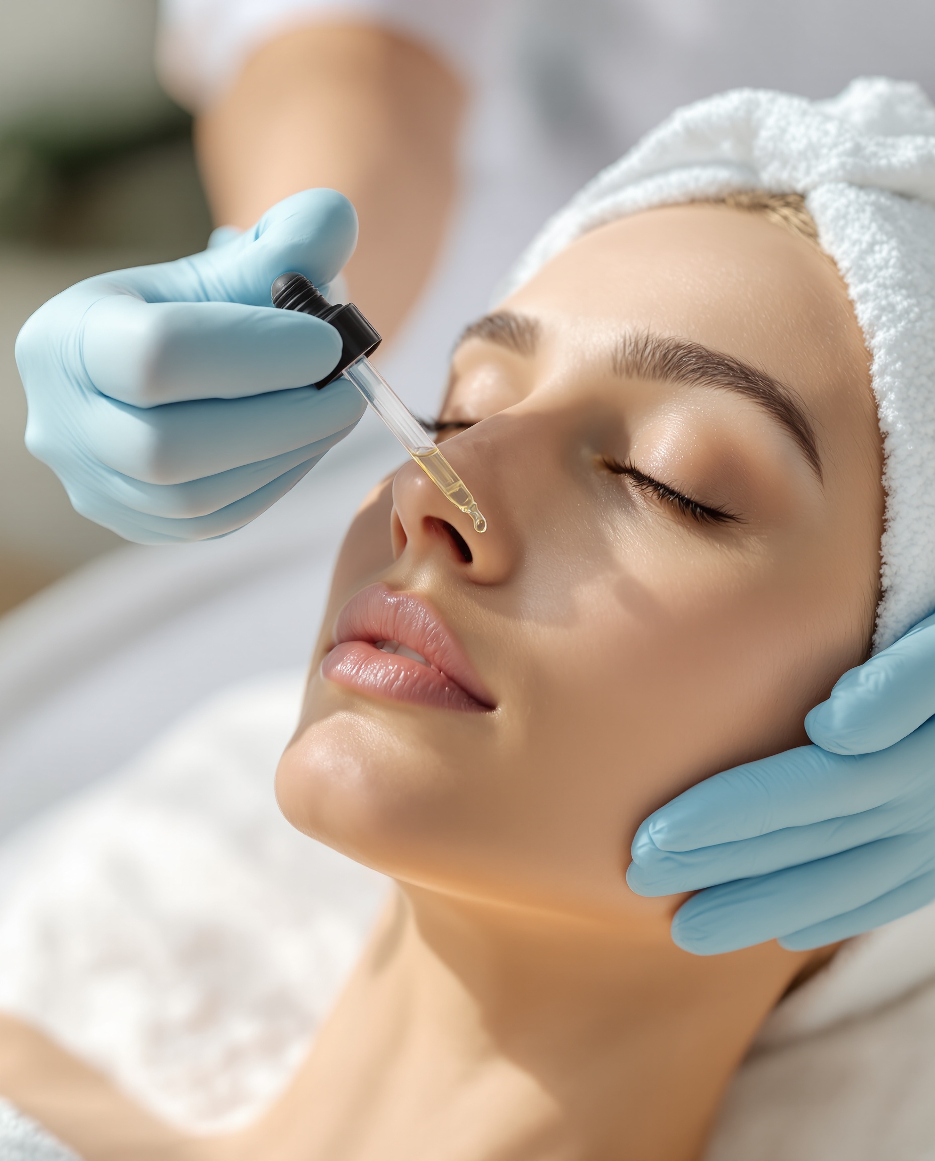 Cosmetic nurse hand applying serum to a calm client during a treatment